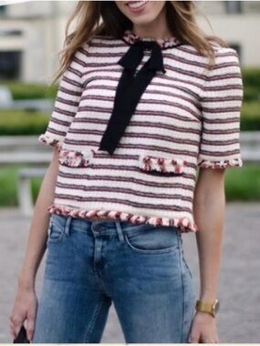 Zara Striped Tweed Crop Top with Bow Detail - White & Red Size L